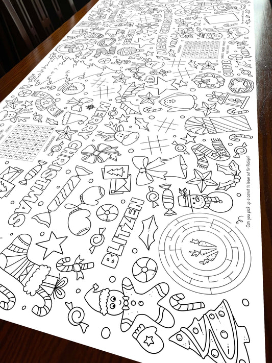 1.8m Merry Christmas EXTRA LARGE table length colouring sheet, activity and colouring sheet. 6ft! Festive holiday fun! FOLDED to A4