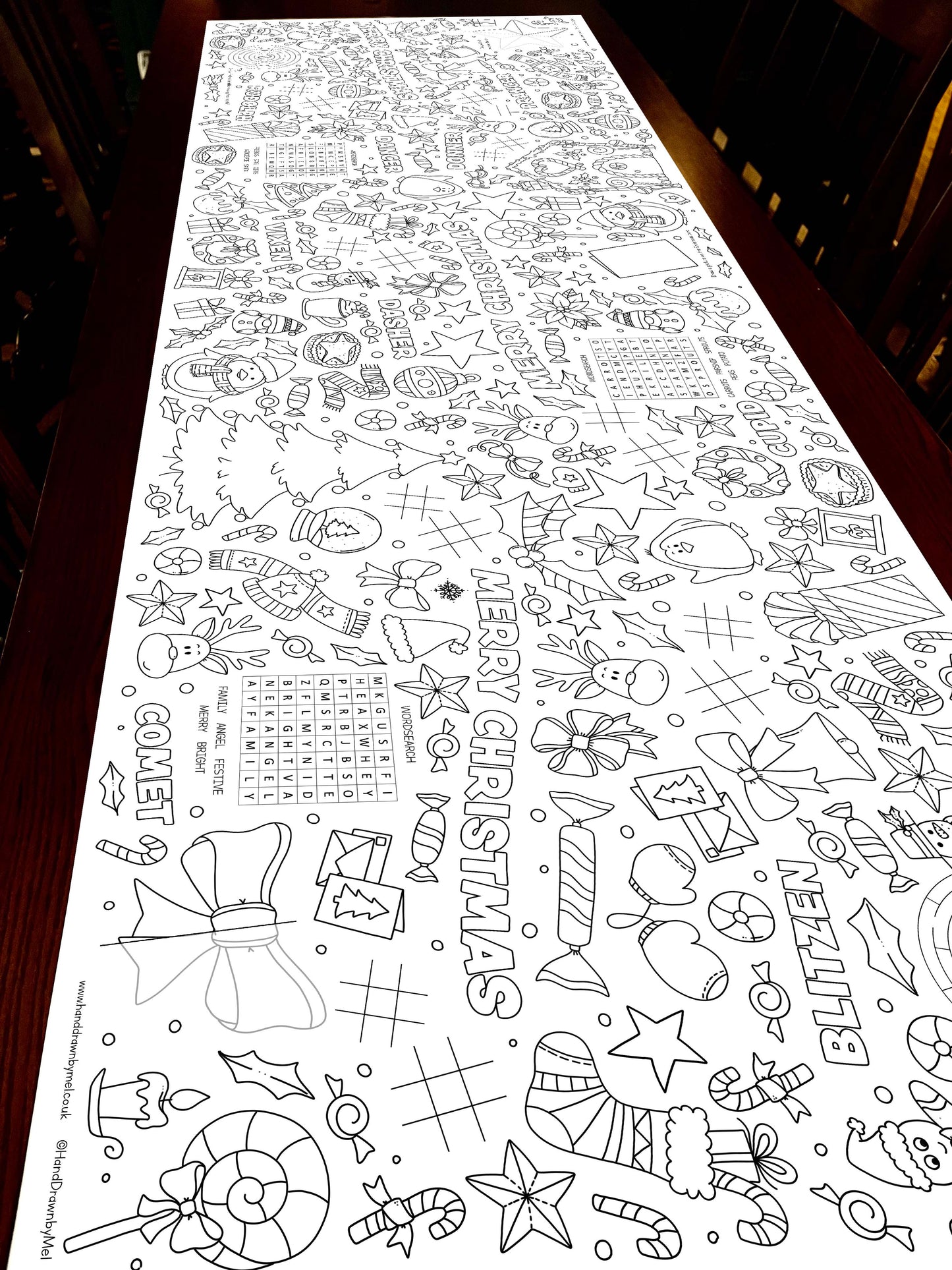 1.8m Merry Christmas EXTRA LARGE table length colouring sheet, activity and colouring sheet. 6ft! Festive holiday fun! FOLDED to A4