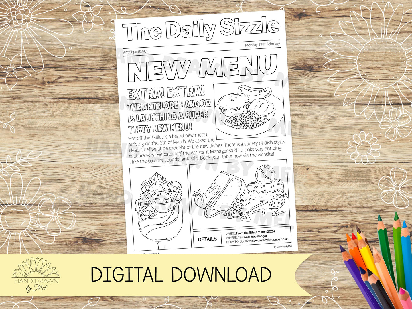 The Daily Sizzle - Menu launch colouring page for Sizzling Pubs