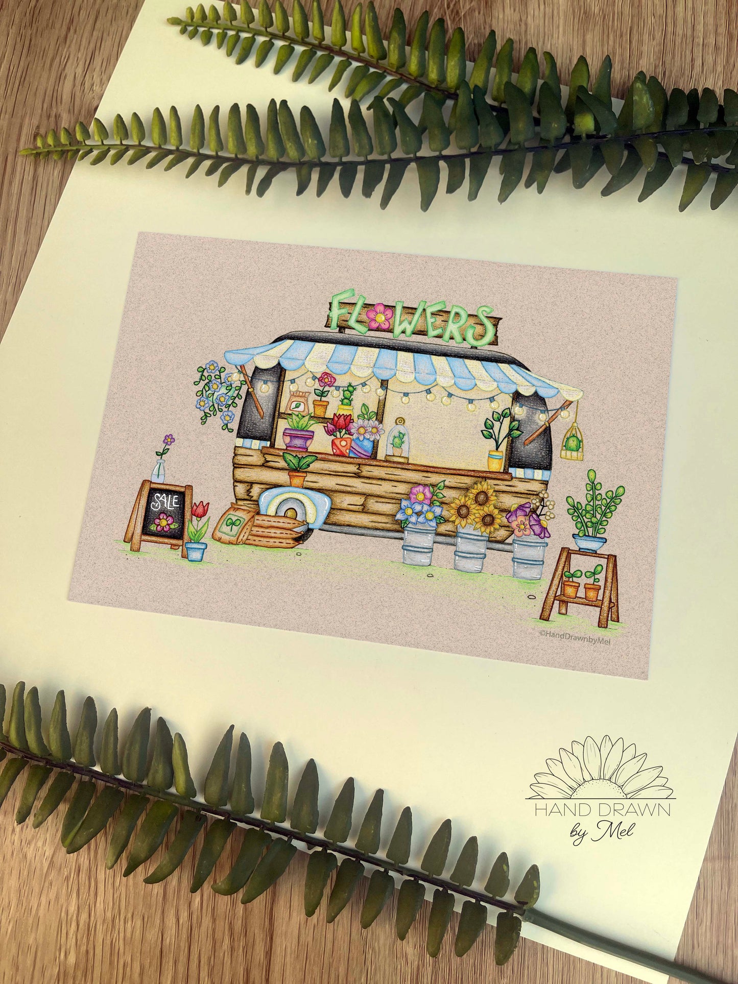 Flower Stall Caravan A5 Print. Wall Art.