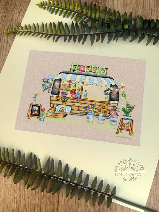 Flower Stall Caravan A5 Print. Wall Art.