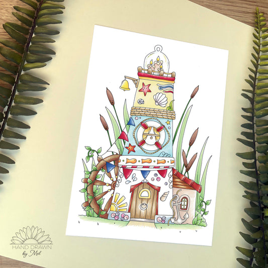 The Lighthouse miniature home A5 Print. Wall Art.