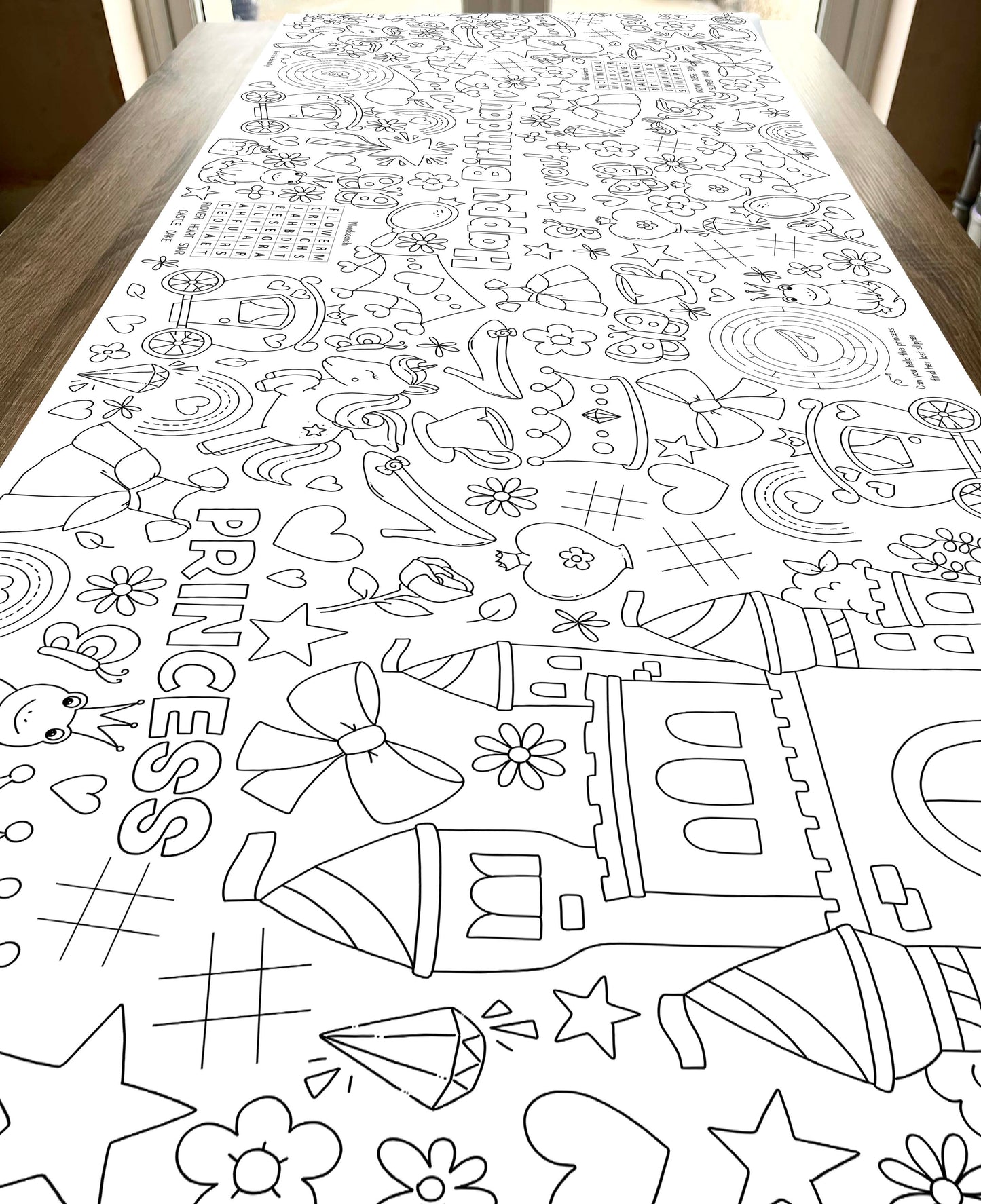 1.8m EXTRA LARGE Princess Birthday table length colouring sheet, birthday activity and colouring sheet. 6ft Children's party table cloth runner. FOLDED TO A4