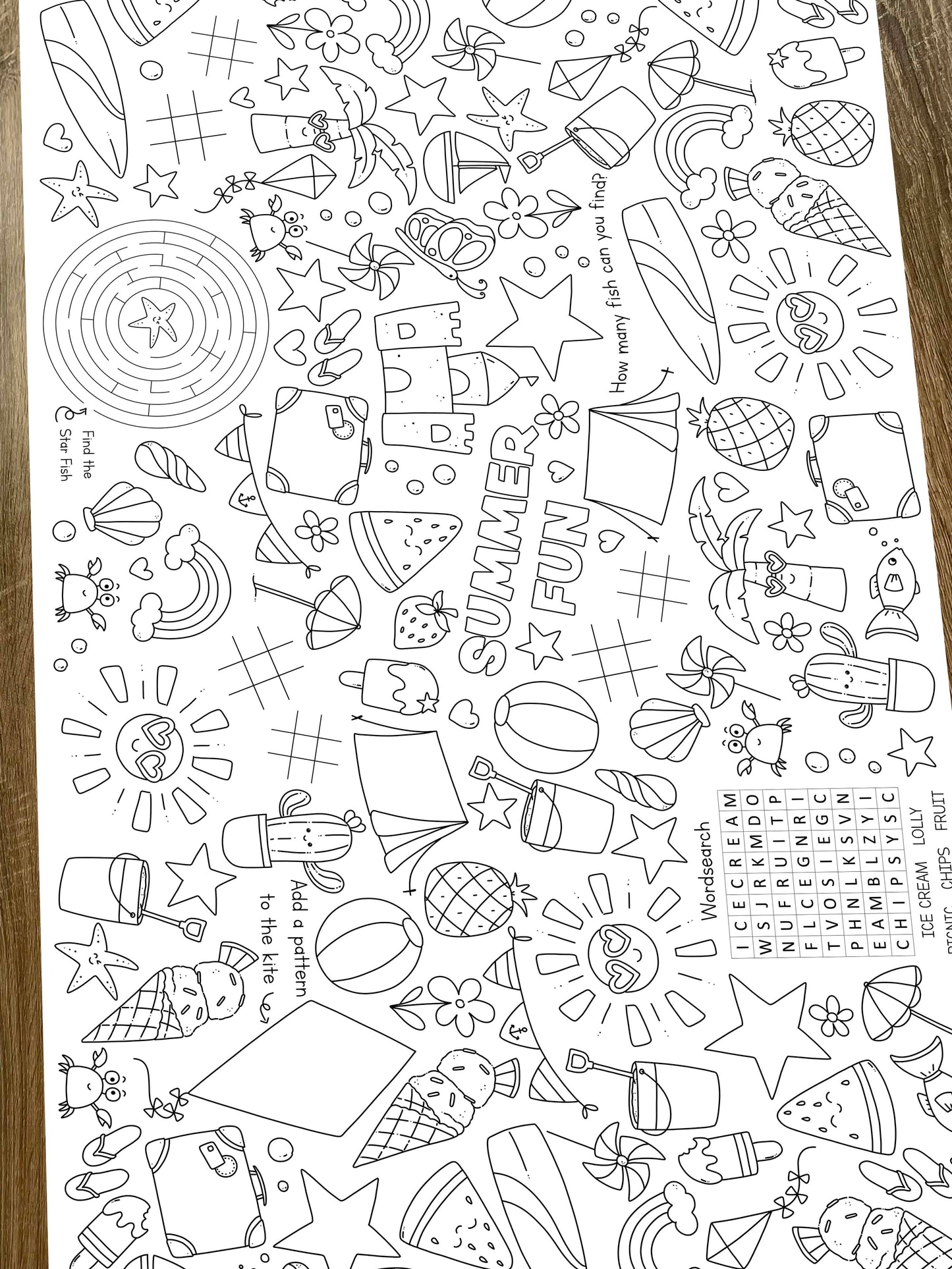 1.8m EXTRA LARGE Summer Holiday Fun table length colouring sheet, 6ft table cloth runner. ROLLED IN A TUBE