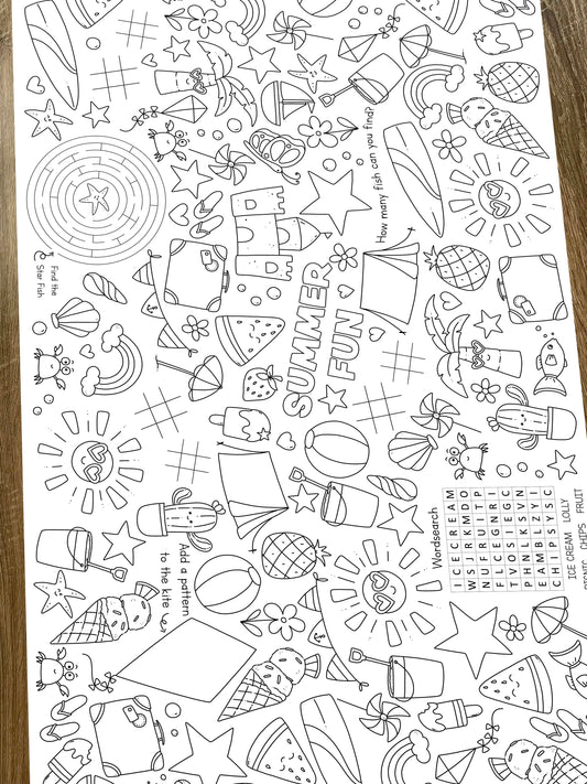 1.8m EXTRA LARGE Summer Holiday Fun table length colouring sheet, 6ft table cloth runner. FOLDED TO A4