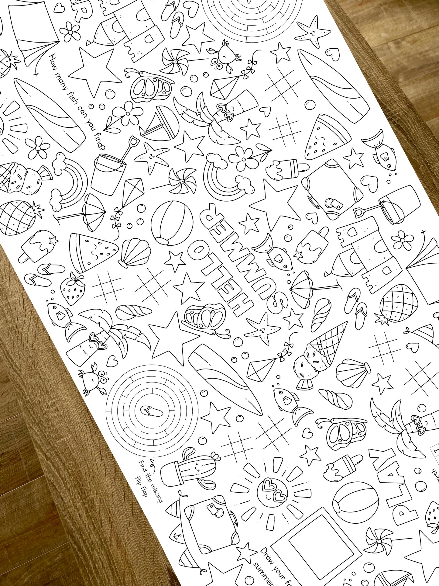 1.8m EXTRA LARGE Summer Holiday Fun table length colouring sheet, 6ft table cloth runner. FOLDED TO A4