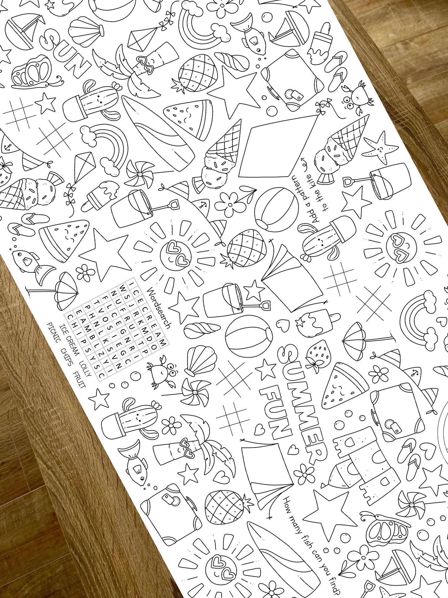 1.8m EXTRA LARGE Summer Holiday Fun table length colouring sheet, 6ft table cloth runner. ROLLED IN A TUBE