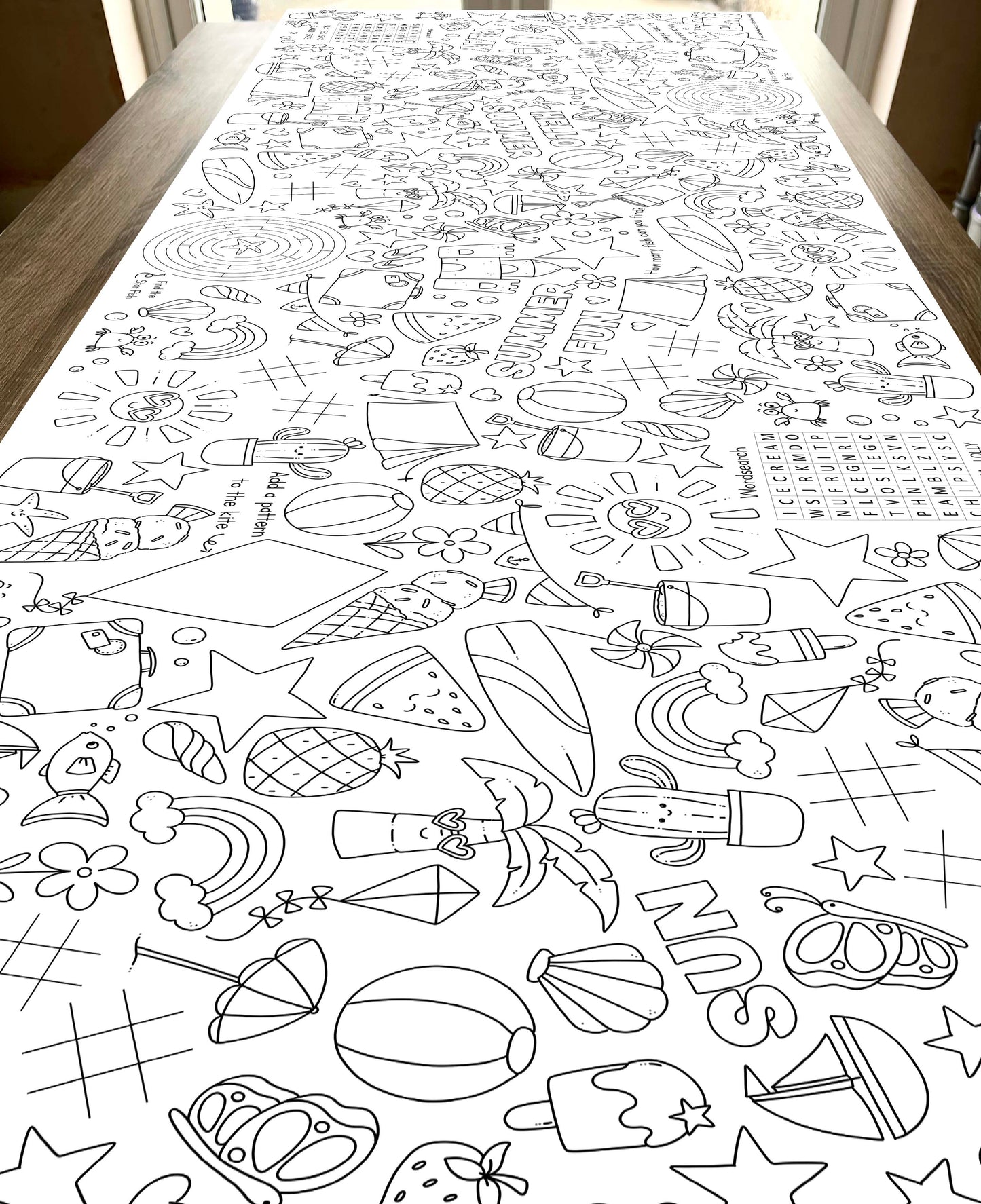 1.8m EXTRA LARGE Summer Holiday Fun table length colouring sheet, 6ft table cloth runner. ROLLED IN A TUBE