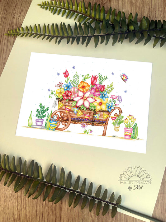 Floral Wheelbarrow A5 Print. Wall Art.