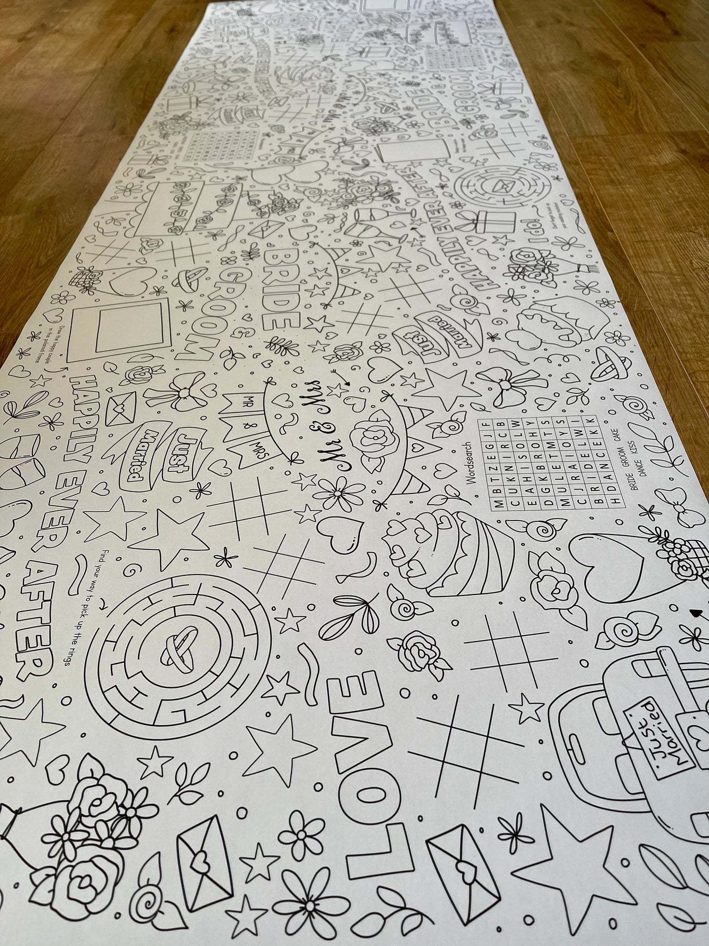 1.8m EXTRA LARGE Wedding table length activity and colouring sheet. 6ft Wedding party table cloth runner. FOLDED TO A4