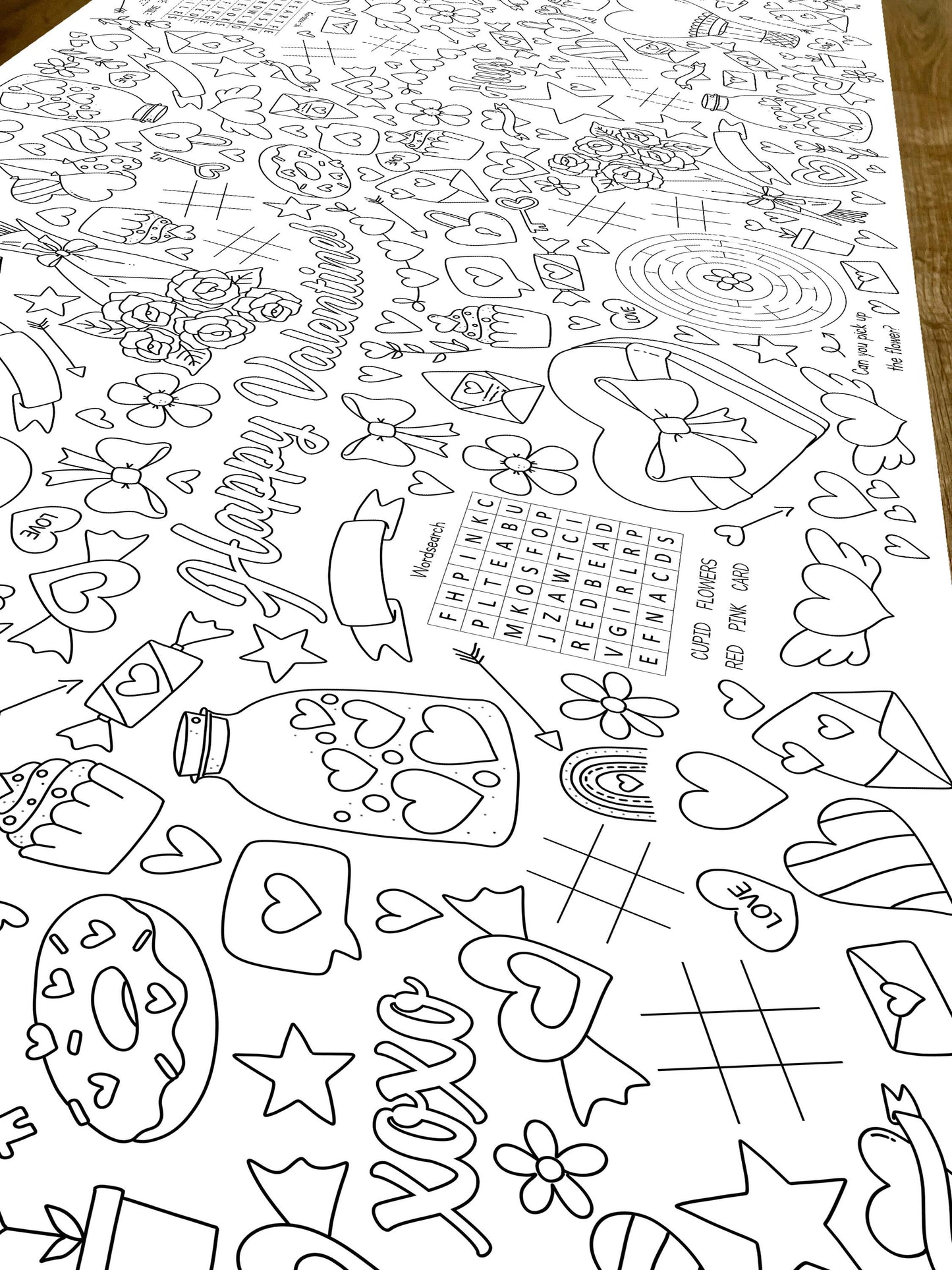 1.8m Valentines Day EXTRA LARGE table length colouring sheet, activity and colouring sheet. 6ft! Festive holiday fun! FOLDED to A4