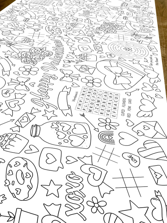 1.8m Valentines Day EXTRA LARGE table length colouring sheet, activity and colouring sheet. 6ft! Festive holiday fun! FOLDED to A4